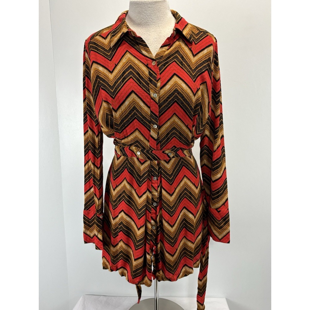 Free People Chevron Shirt Dress Women's L Button Front Tie Waist Boho Festival